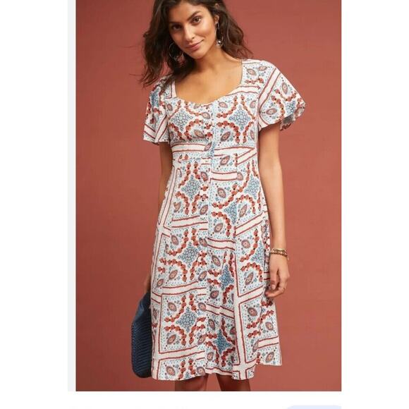 Anthropologie Maeve Dress Womens 2 White Red Blue Praslin Floral Button Up Midi - Picture 1 of 13